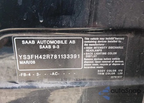 2008 Saab 9-3 Aero z USA, uszkodzony, nr VIN YS3FH42R781133391